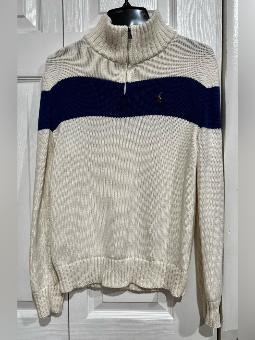 Polo Ralph Lauren Boys Cotton Quarter-Zip Sweater Cream & Blue. Size: L. Preown
